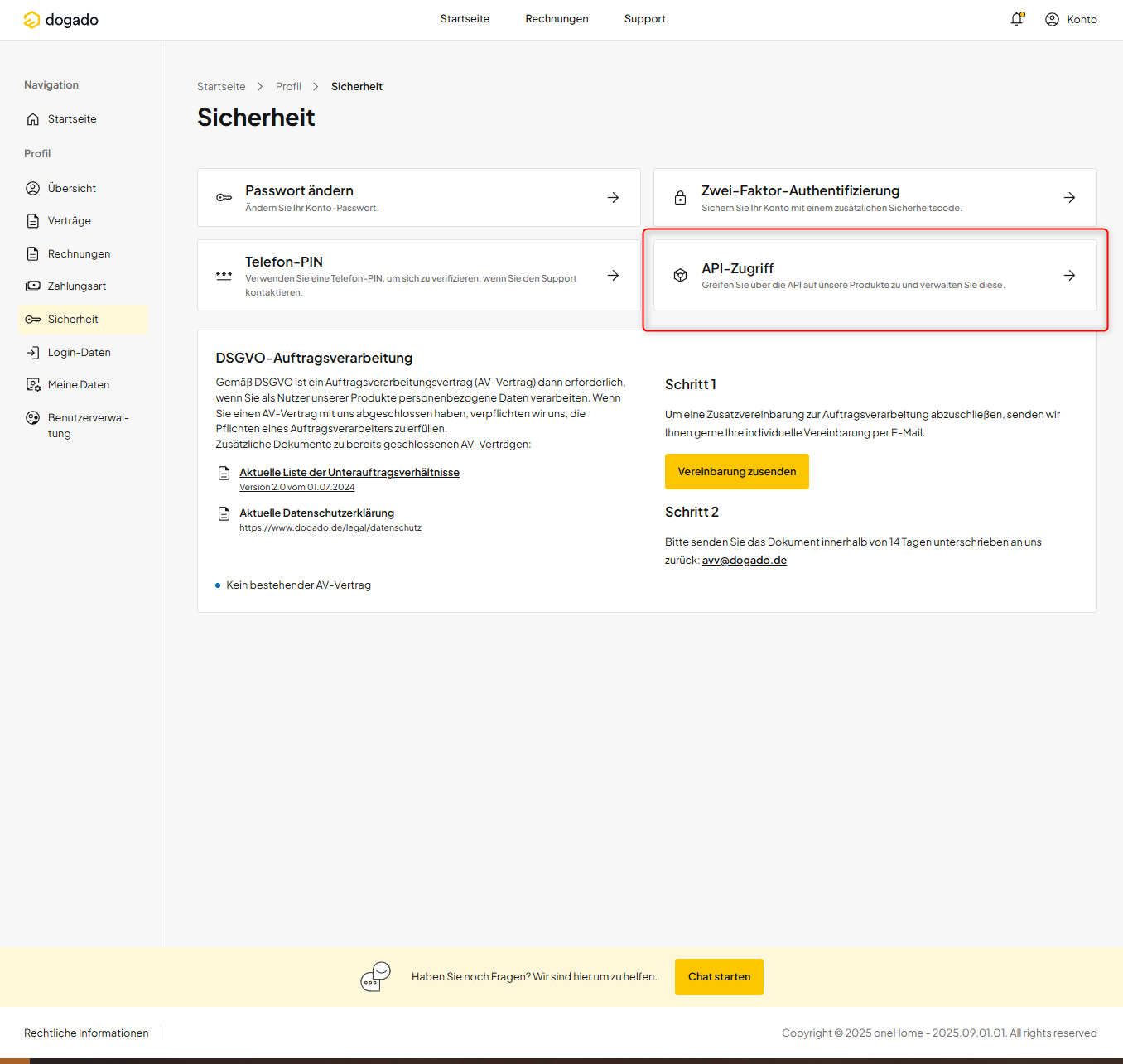 Bereich "Sicherheit" im dogado-Portal mit Optionen wie "Passwort ändern", "Zwei-Faktor-Authentifizierung", "Telefon-PIN" und markierter Kachel "API-Zugriff" zum Verwalten von API-Verbindungen.