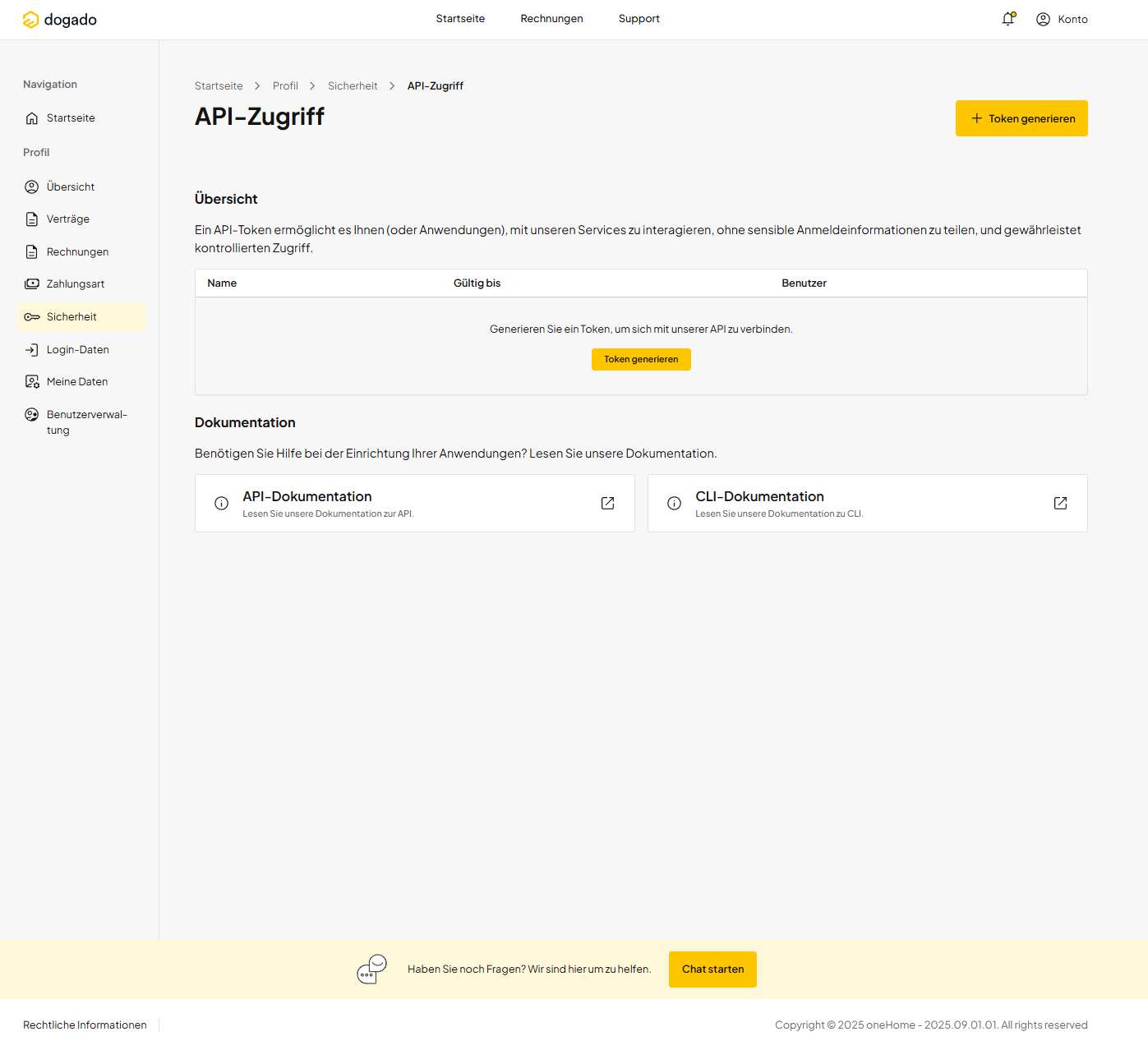 Seite "API-Zugriff" zeigt eine leere Tabelle für Token-Liste und Schaltfläche „Token generieren“. Unten stehen zwei Dokumentationslinks: API-Dokumentation und CLI-Dokumentation.