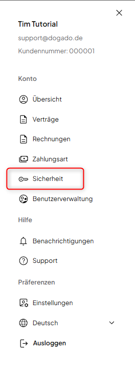 Geöffnetes Seitenmenü im Kundenkonto bei dogado mit hervorgehobener Option "Sicherheit", daneben Optionen wie "Verträge", "Rechnungen", "Benutzerverwaltung" und "Support".