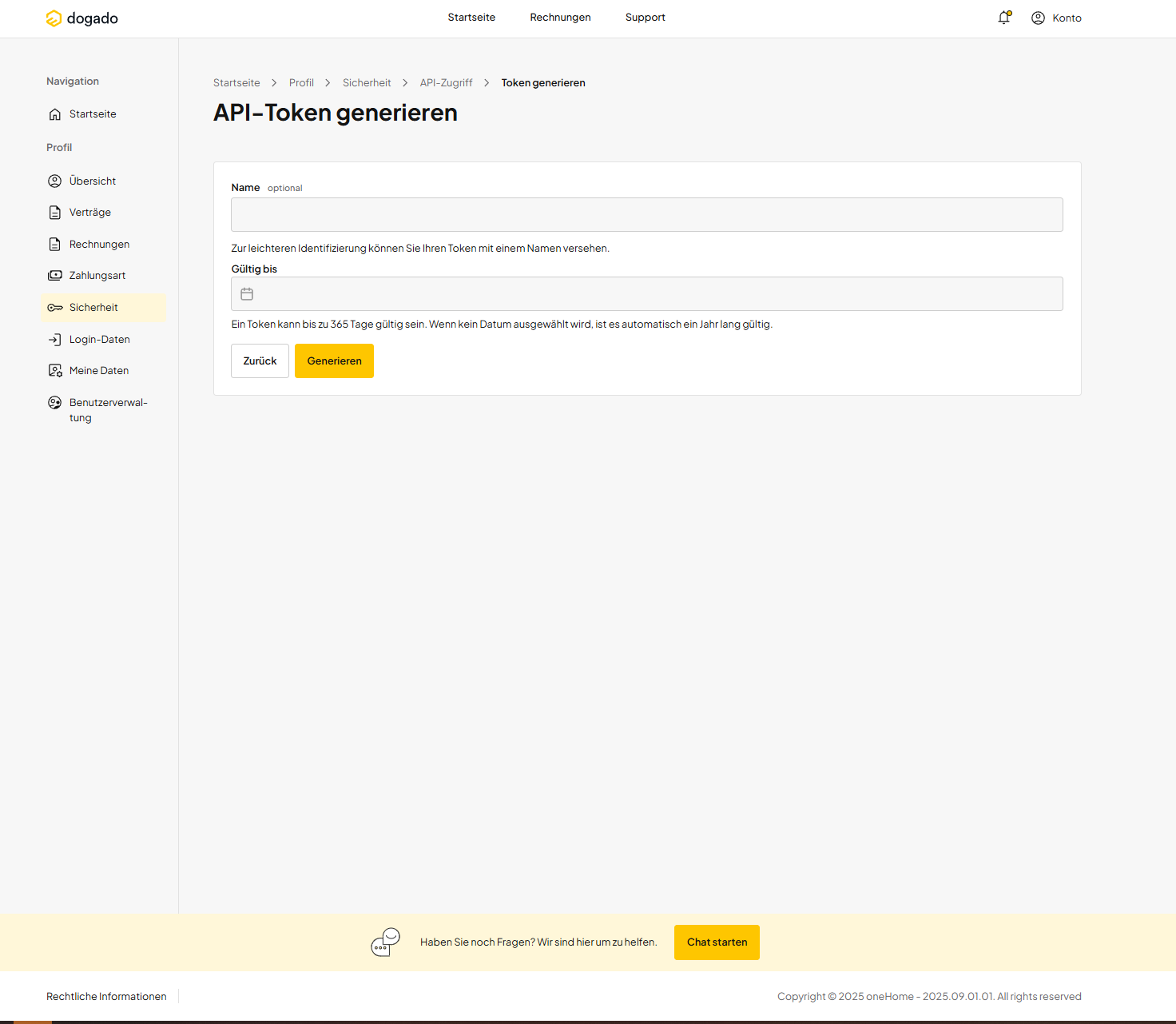 Seite „API-Token generieren“ mit Eingabefeldern für den Namen des Tokens und ein Ablaufdatum. Hinweis: Token ist bis zu 365 Tage gültig, Standard ist ein Jahr.