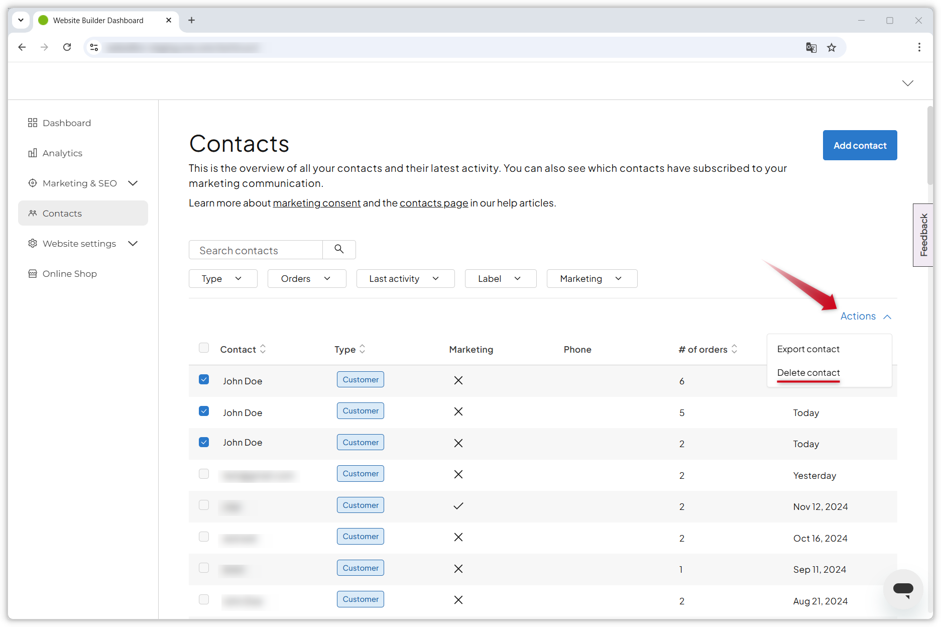 Screenshot mit der Kontaktübersicht. Ein roter Pfeil zeigt auf das geöffnete Menü "Aktionen" und die Option "Kontakt löschen" wird unterstrichen.