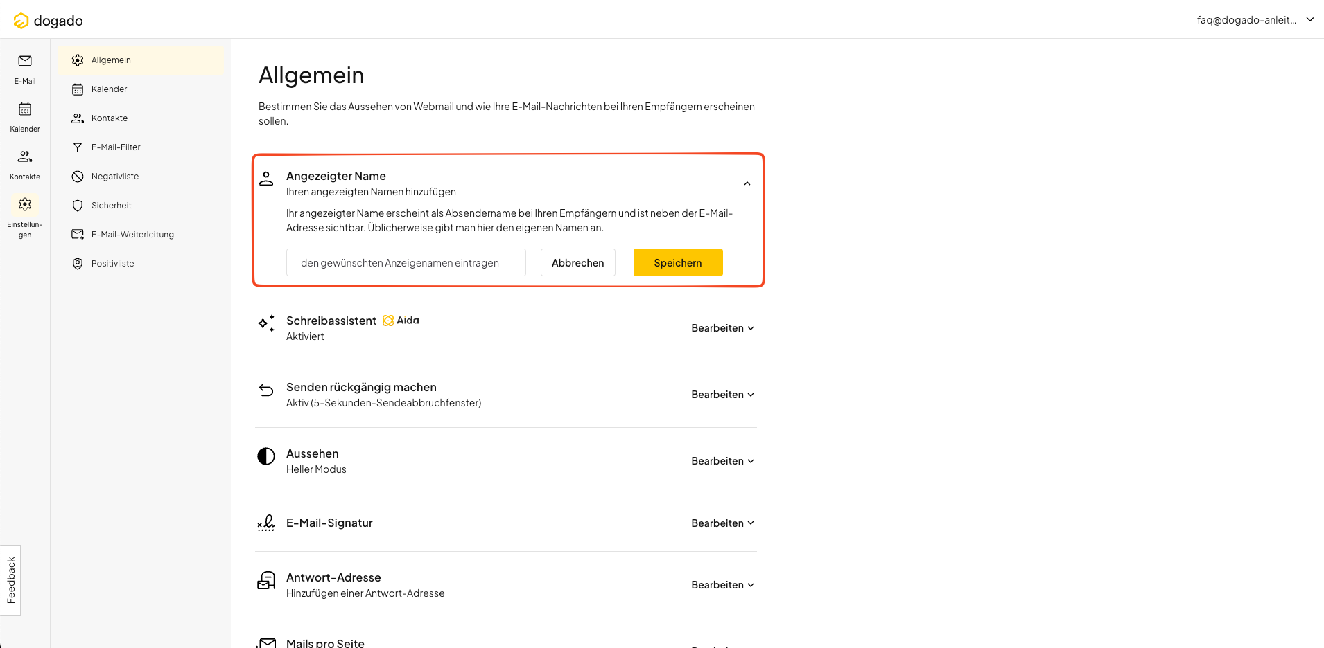 Angezeigten Namen im Webmail des Homepage-Baukastens eintragen