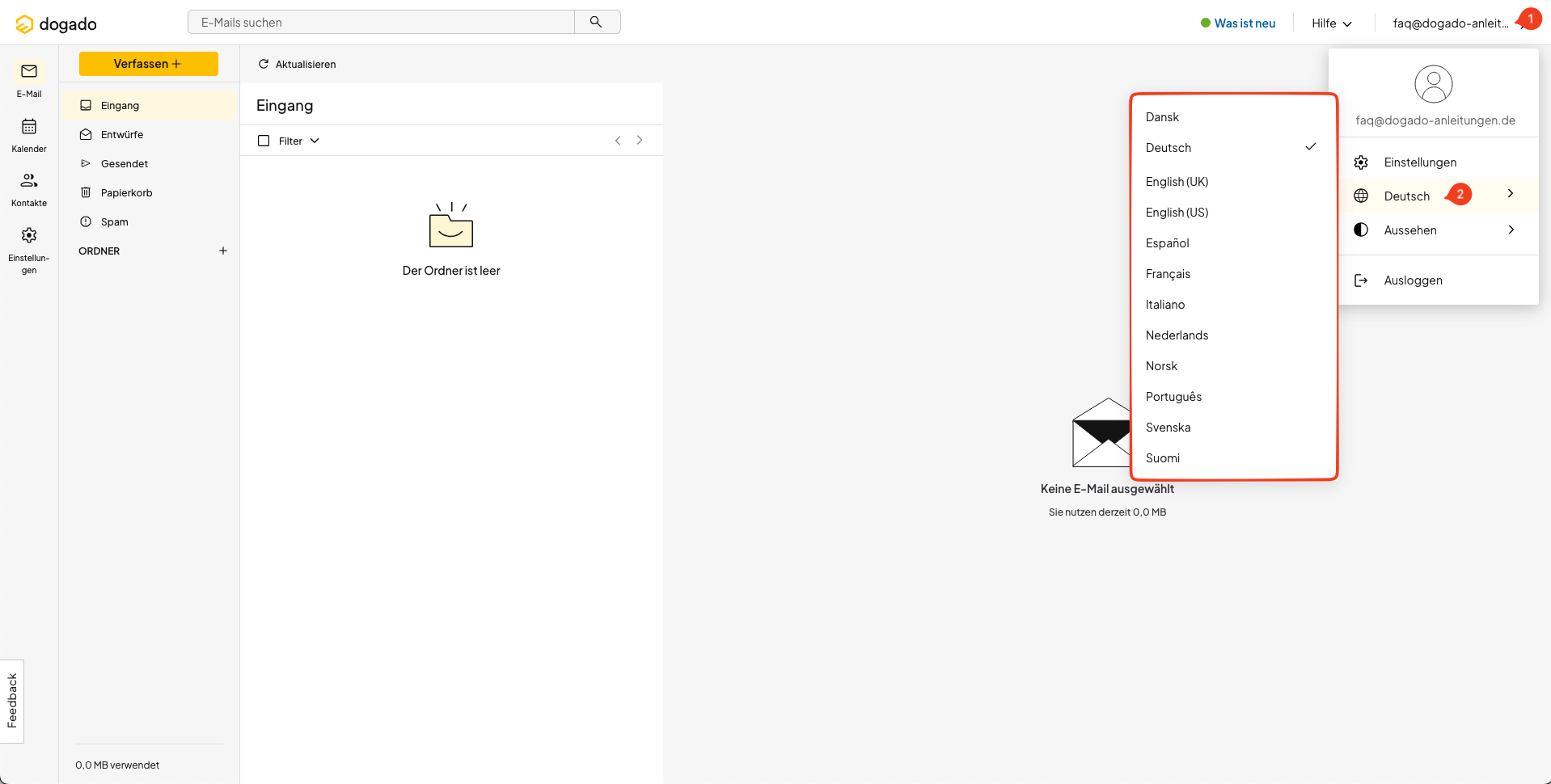 Sprache im Webmail des Homepage-Baukastens ändern