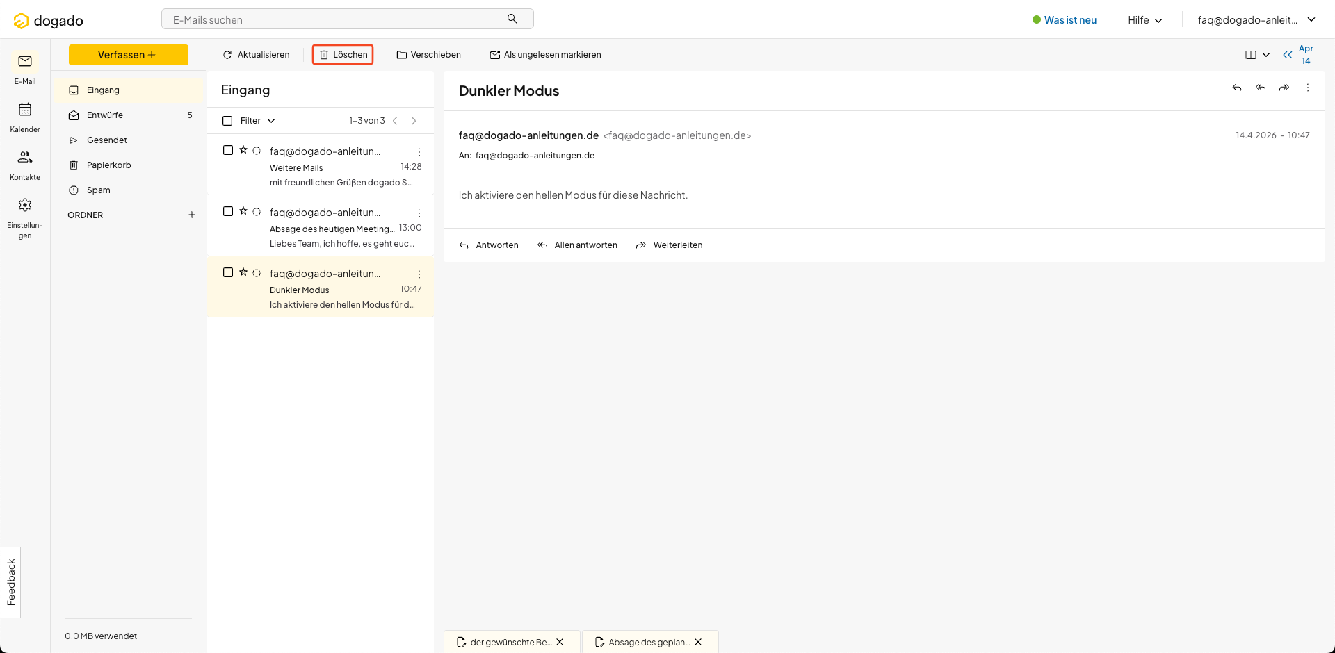 Nachrichten im Webmail des Homepage-Baukastens löschen