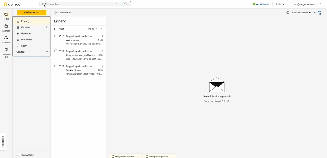 Nachrichten im Webmail des Homepage-Baukastens suchen