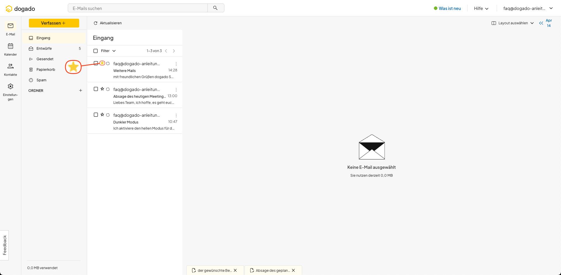 Nachrichten im Webmail des Homepage-Baukastens mit Stern markieren