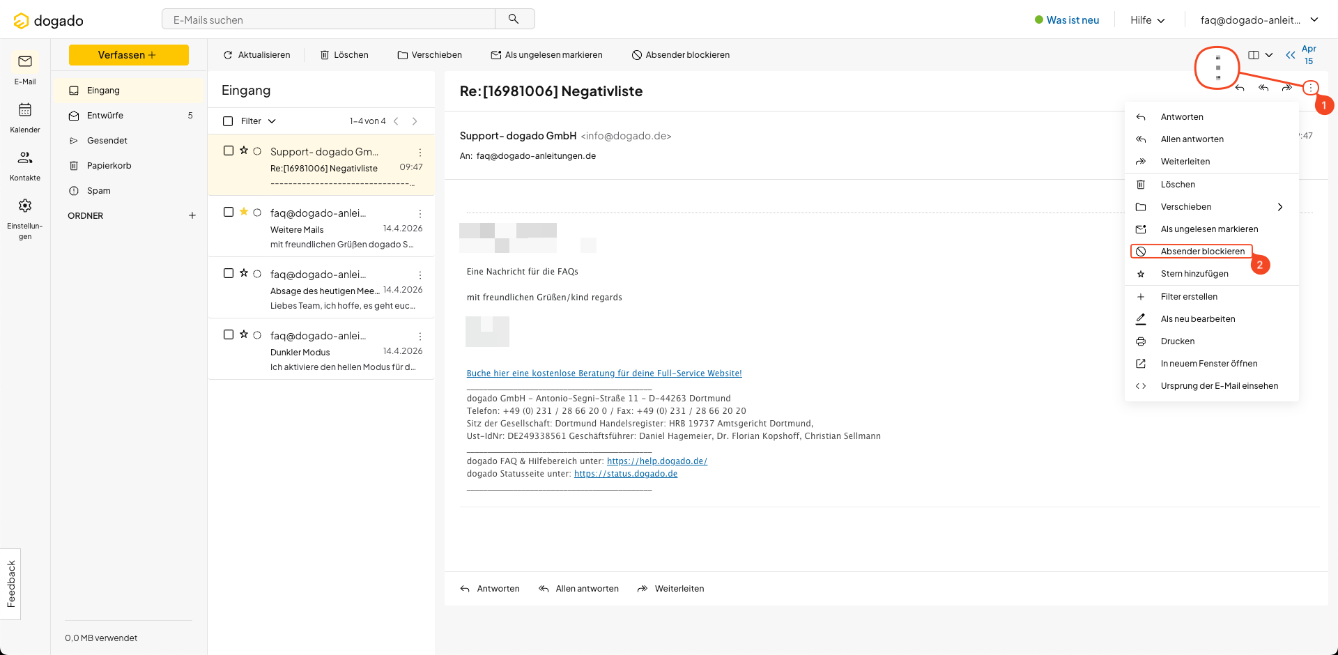 Negativliste im Webmail des Homepage-Baukastens