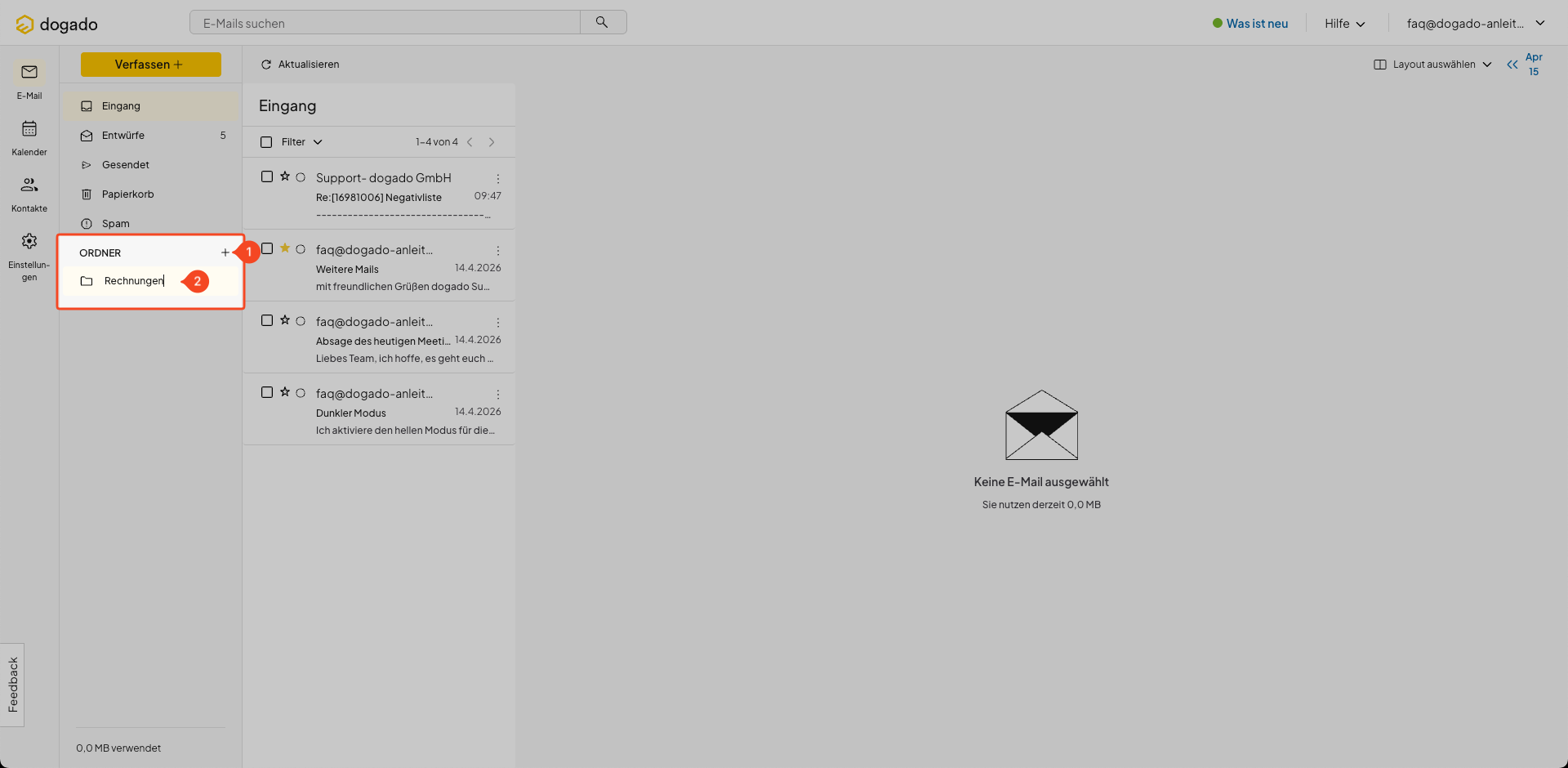 Ordner im Webmail des Homepage-Baukastens erstellen