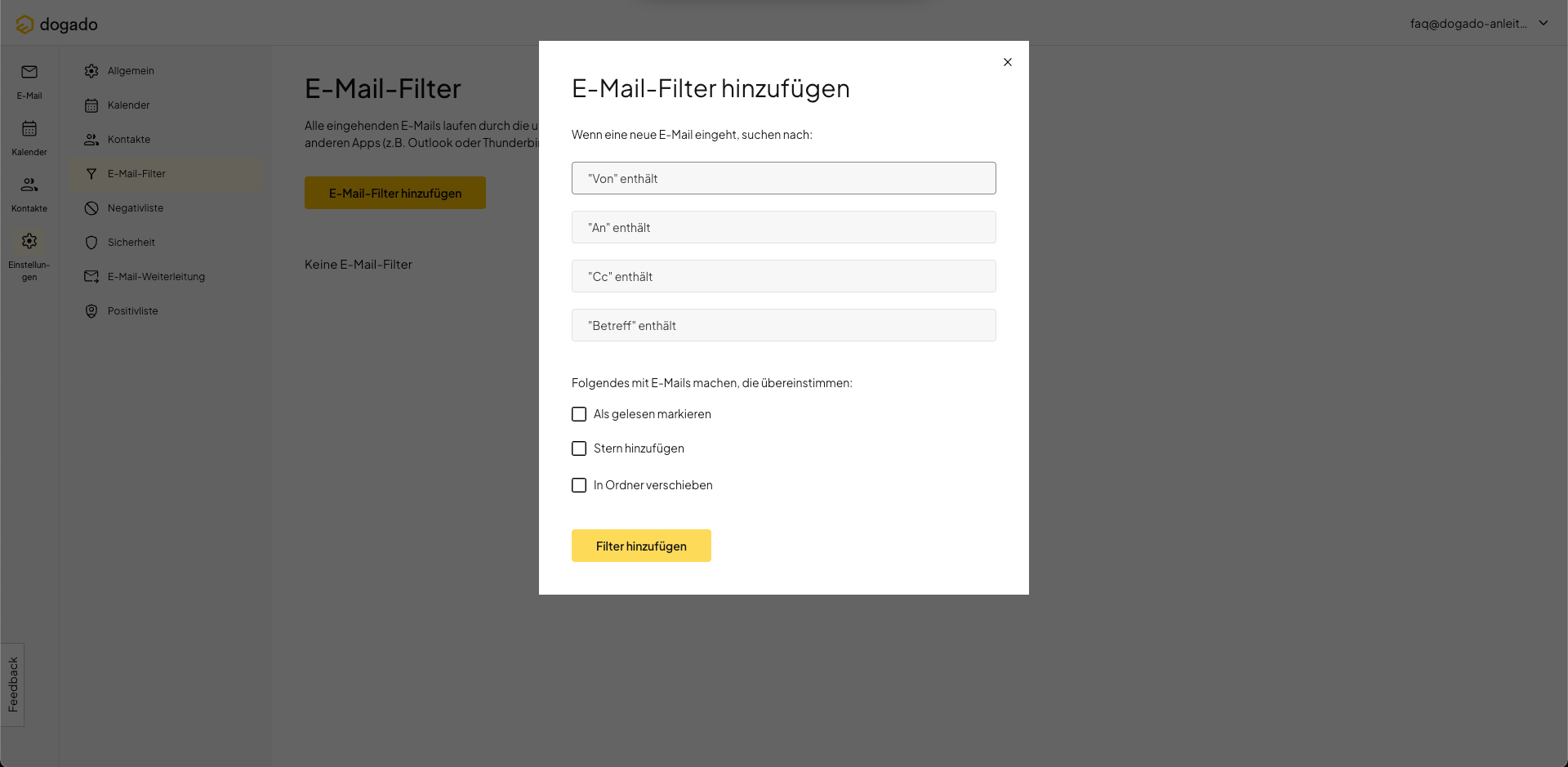 Aktion für E-Mail-Filter im Webmail festlegen