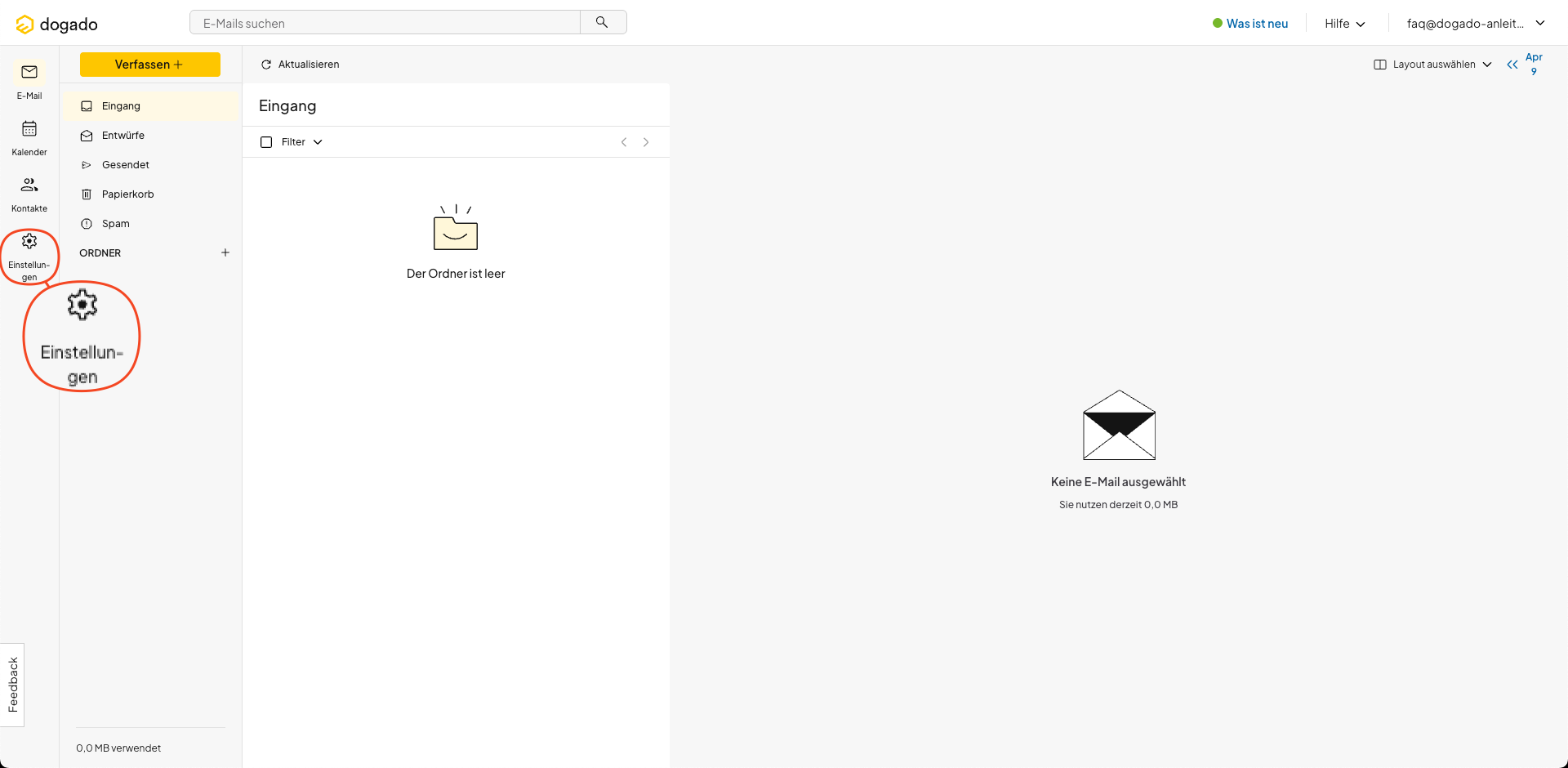 Einstellungen im Webmail des Homepage-Baukastens öffnen