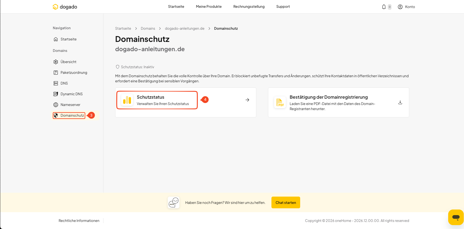 Domainschutz und Schutzstatus öffnen