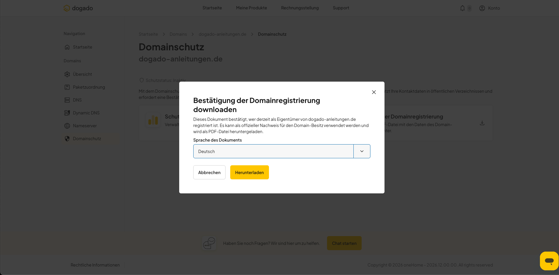 Sprache auswählen und Bestätigung der Domainregistrierung herunterladen