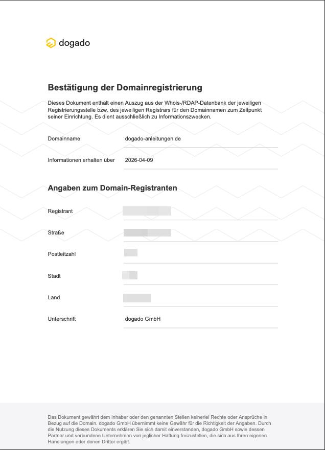 Beispiel für die Bestätigung der Domainregistrierung