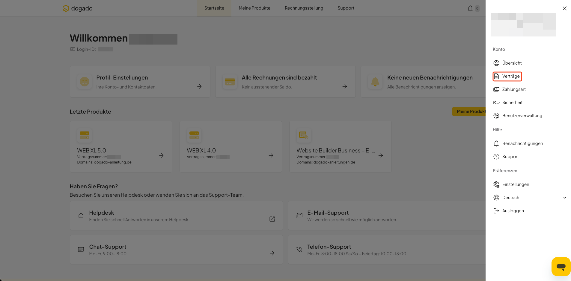 Menüpunkt Verträge im Kontobereich von oneHome