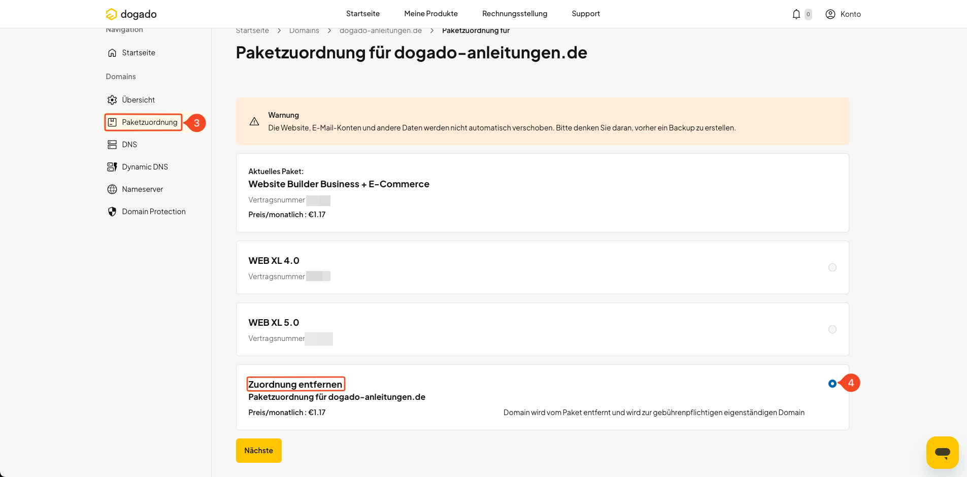 Domainzuordnung eines Hosting-Pakets im dogado Kundenbereich entfernen
