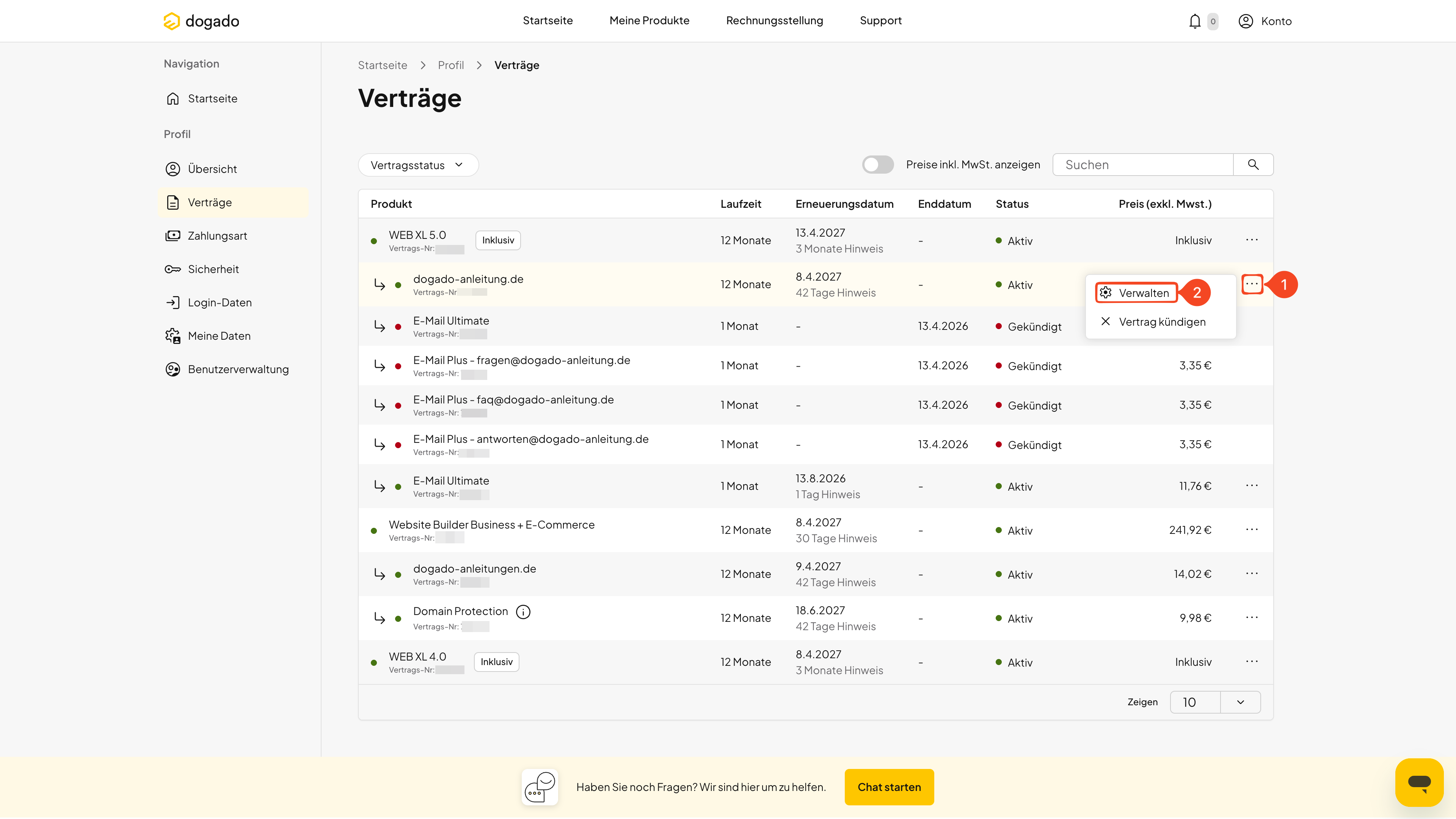 Verwaltung einer Domain in der Vertragsübersicht öffnen