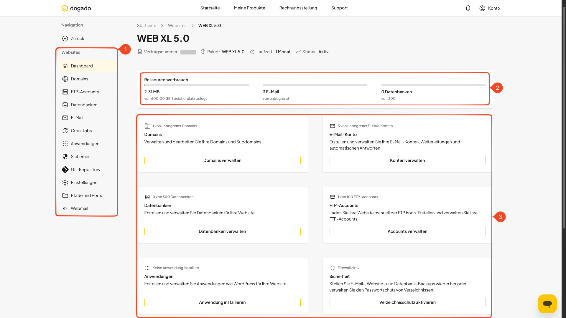 Verwaltungsoberfläche eines Hosting-Pakets in oneHome