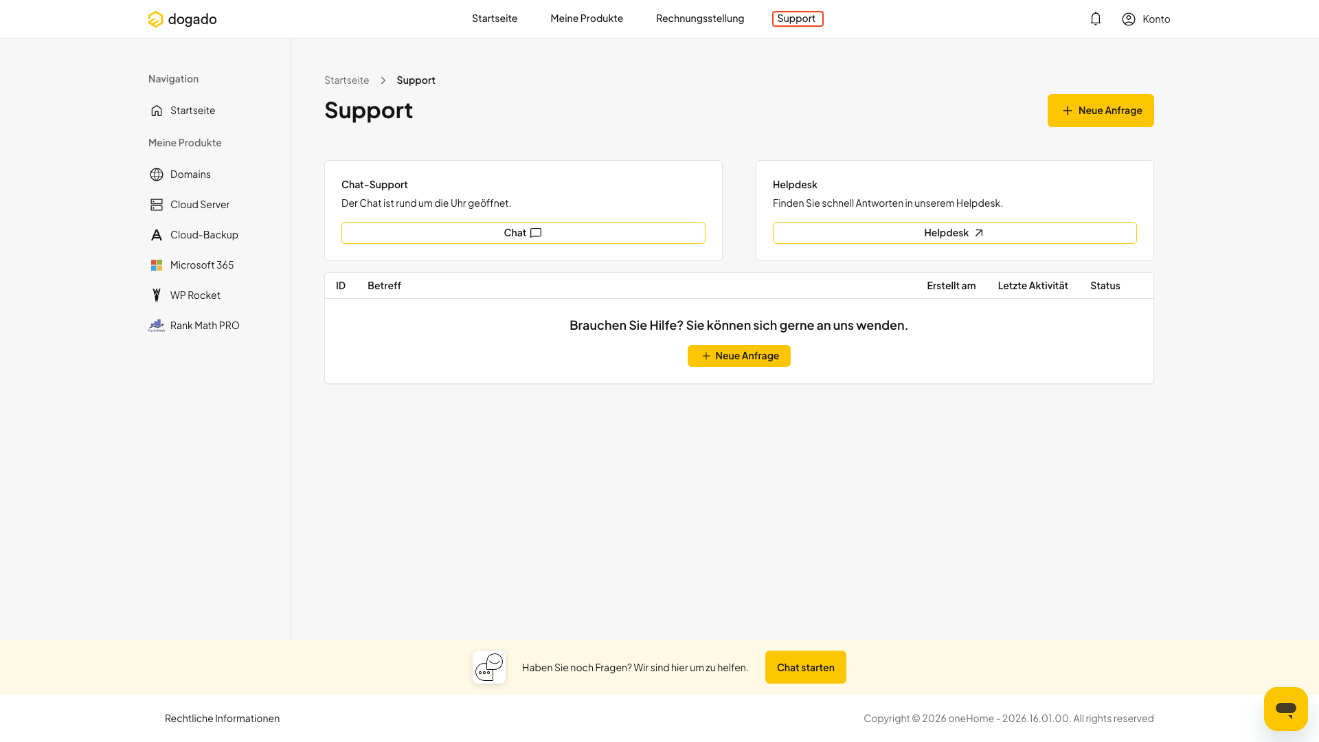 Support-Bereich in oneHome