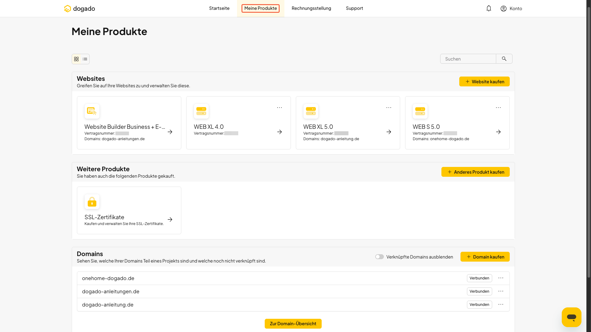 Produktübersicht unter Meine Produkte in oneHome