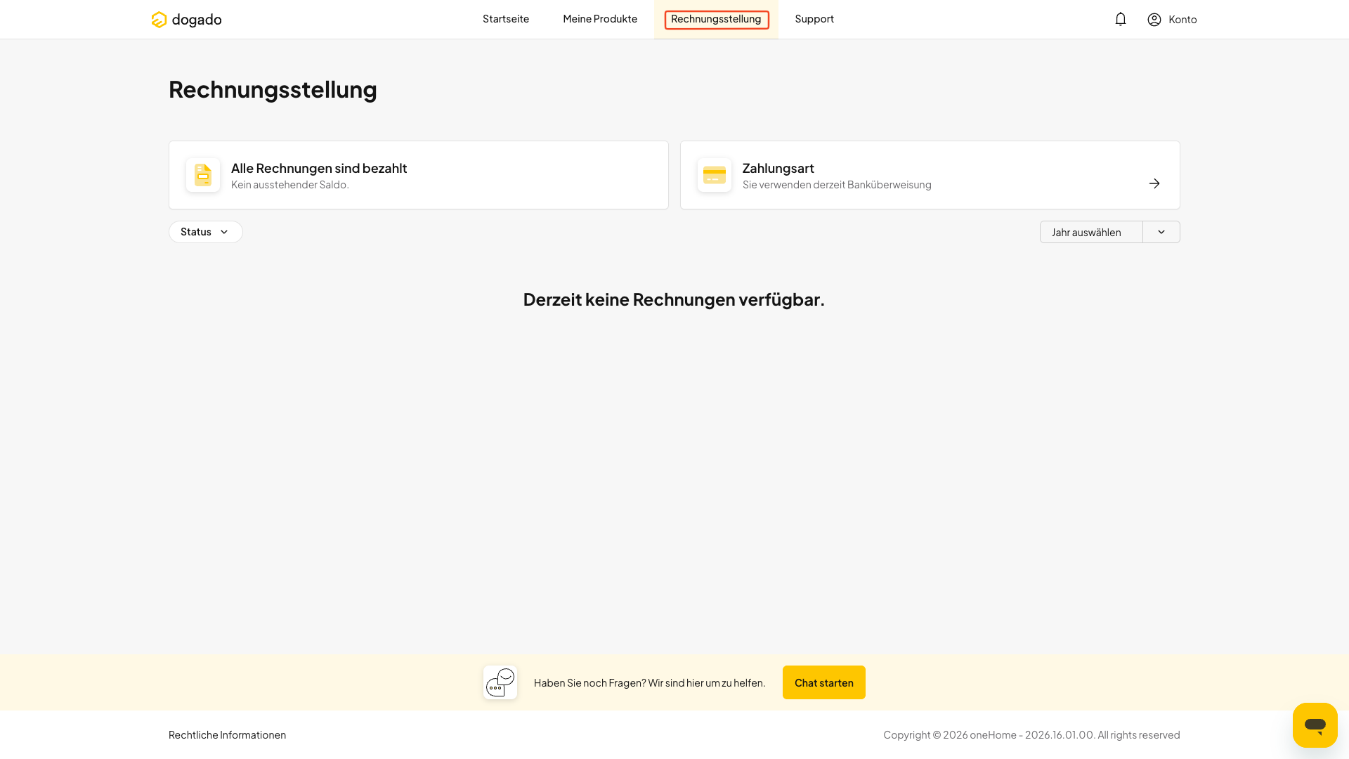Bereich Rechnungsstellung in oneHome