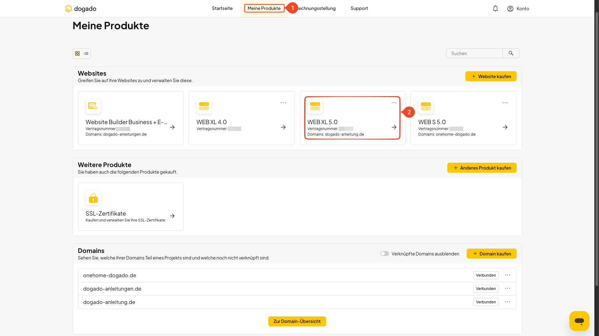 Meine Produkte und Auswahl eines Hosting-Pakets in oneHome