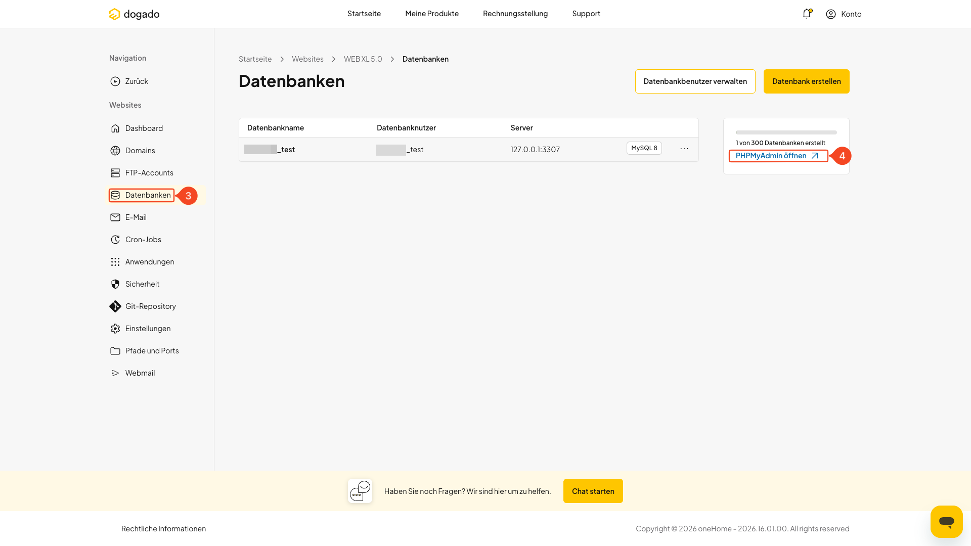 Bereich Datenbanken und Zugang zu phpMyAdmin in oneHome
