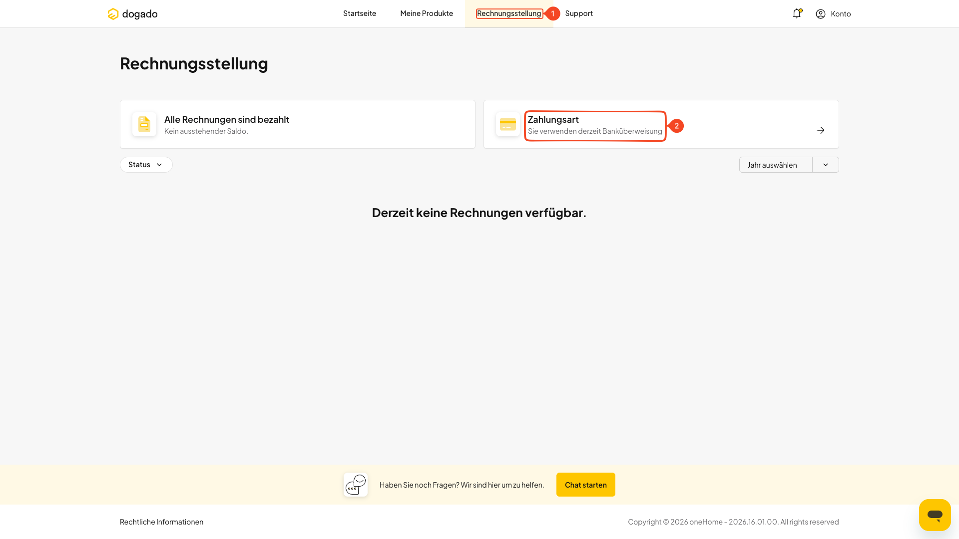 Bereiche Rechnungsstellung und Zahlungsart in oneHome