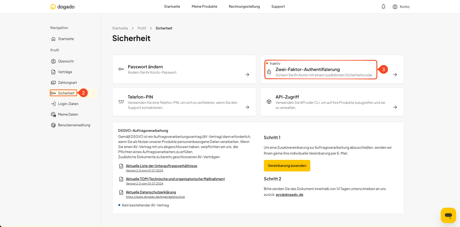 Zwei-Faktor-Authentifizierung unter Sicherheit in oneHome öffnen