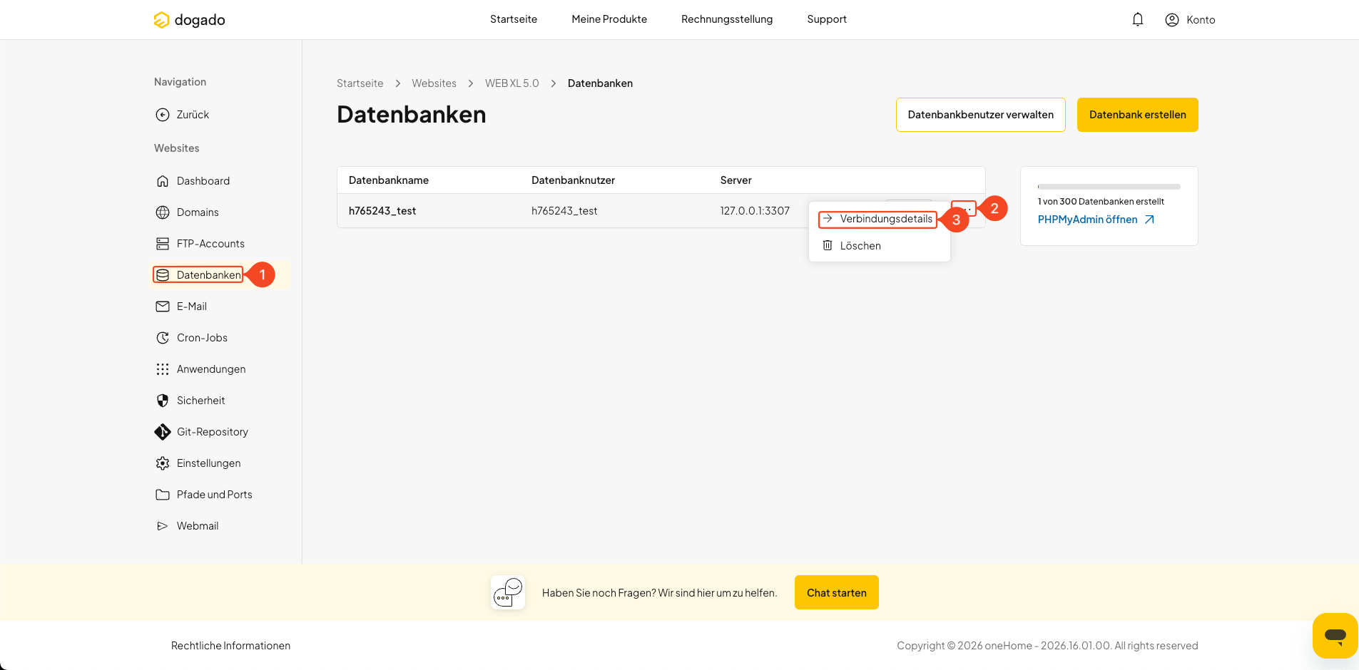 Verbindungsdetails einer Datenbank in oneHome öffnen