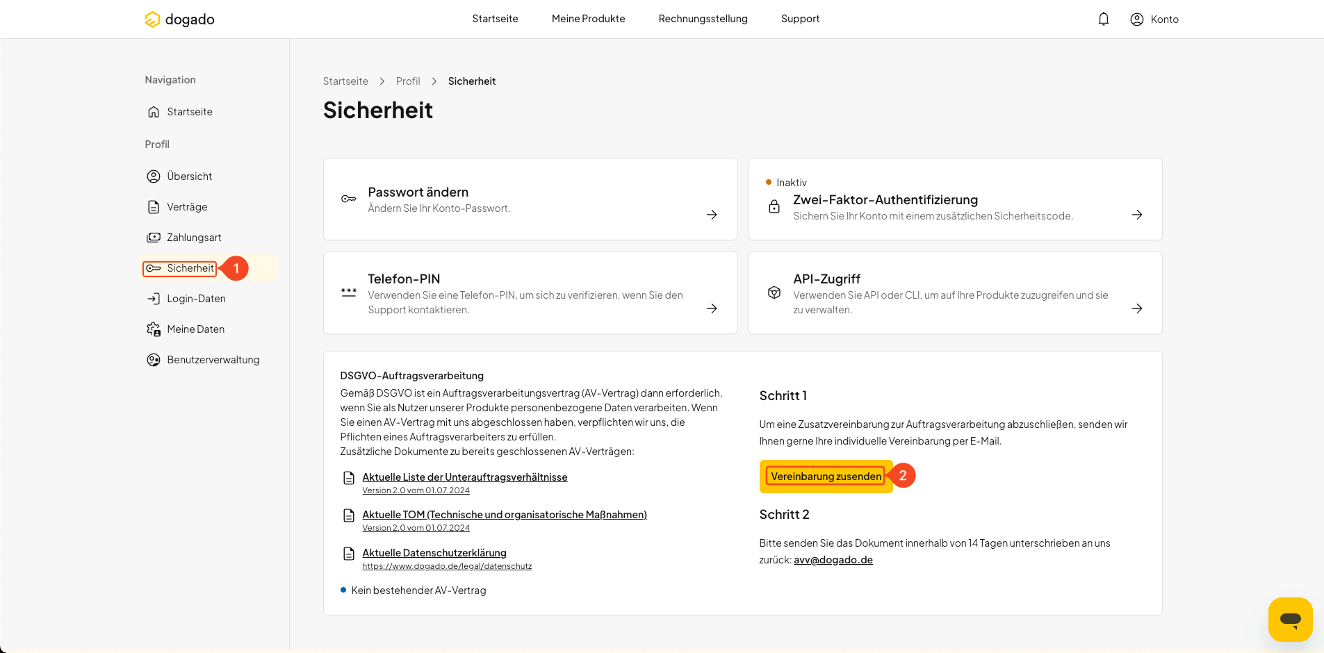 Vereinbarung zur Auftragsverarbeitung in oneHome zusenden lassen