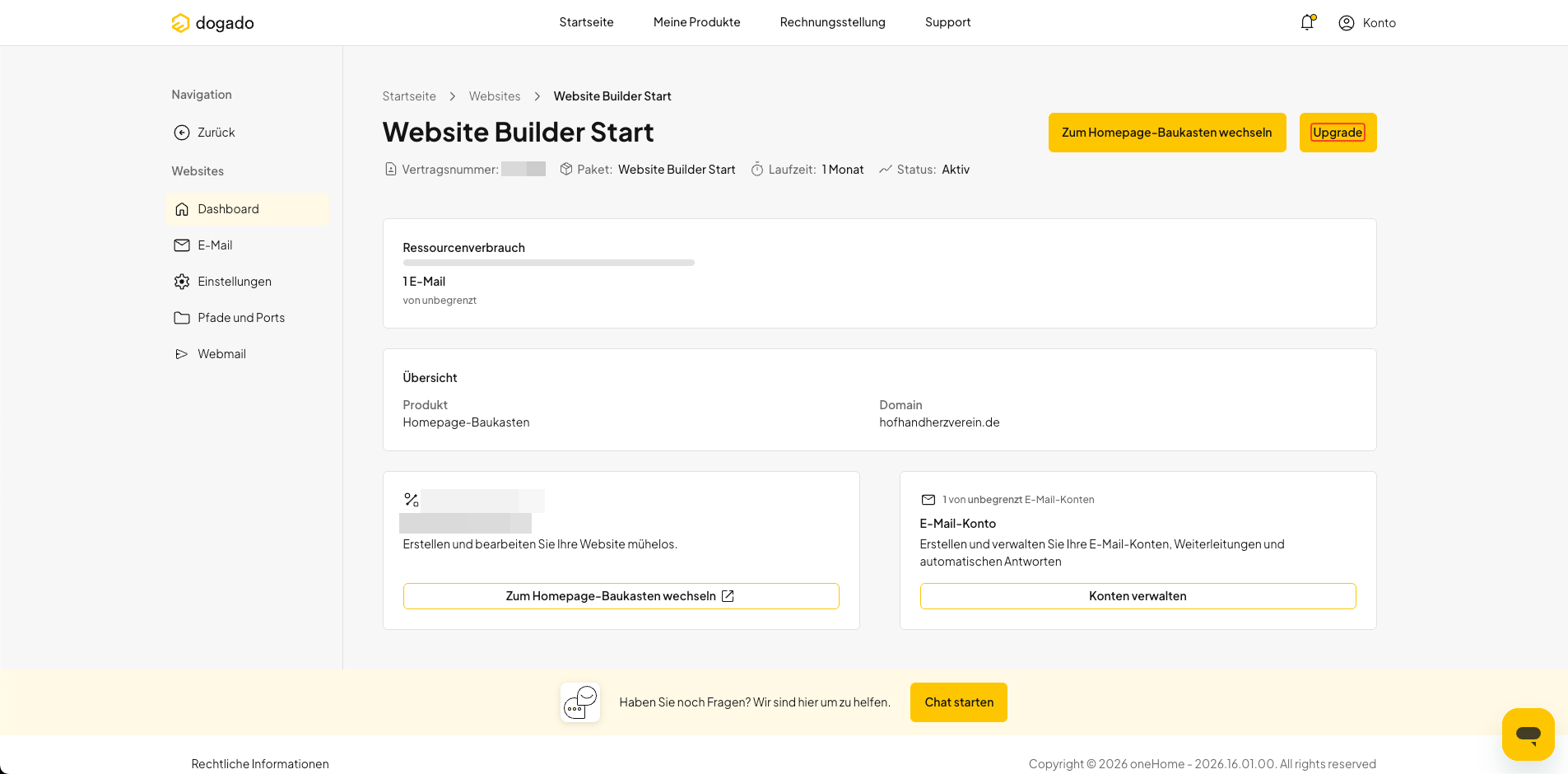 Upgrade-Bereich des Homepage Baukastens in oneHome öffnen