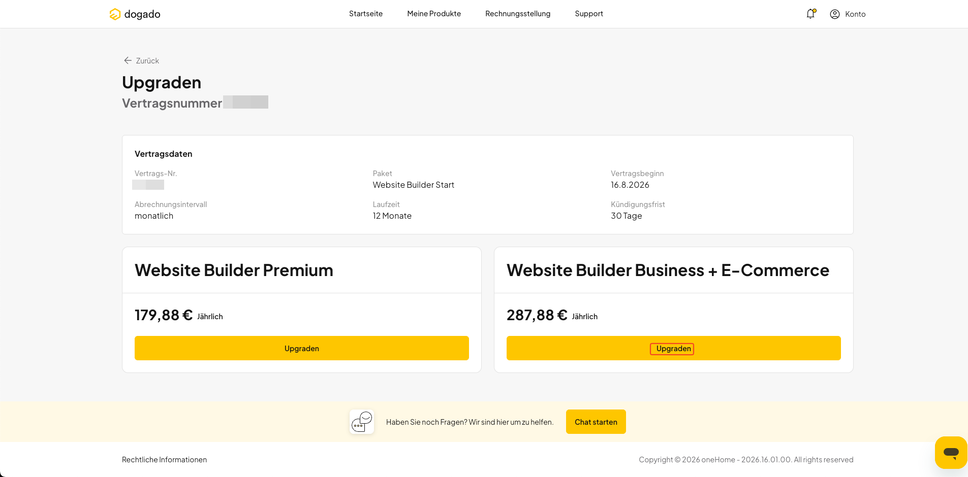 Gewünschten Homepage Baukasten Tarif auswählen und upgraden