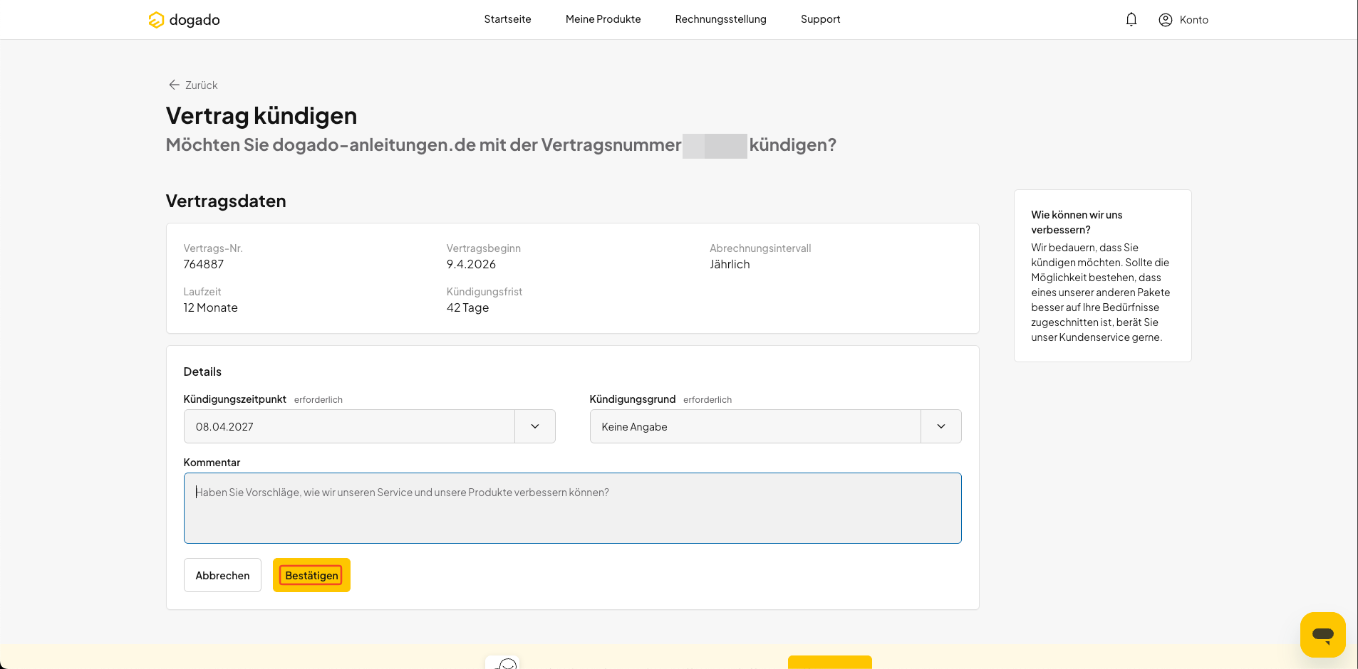 Kündigung eines Domain-Vertrages in oneHome bestätigen