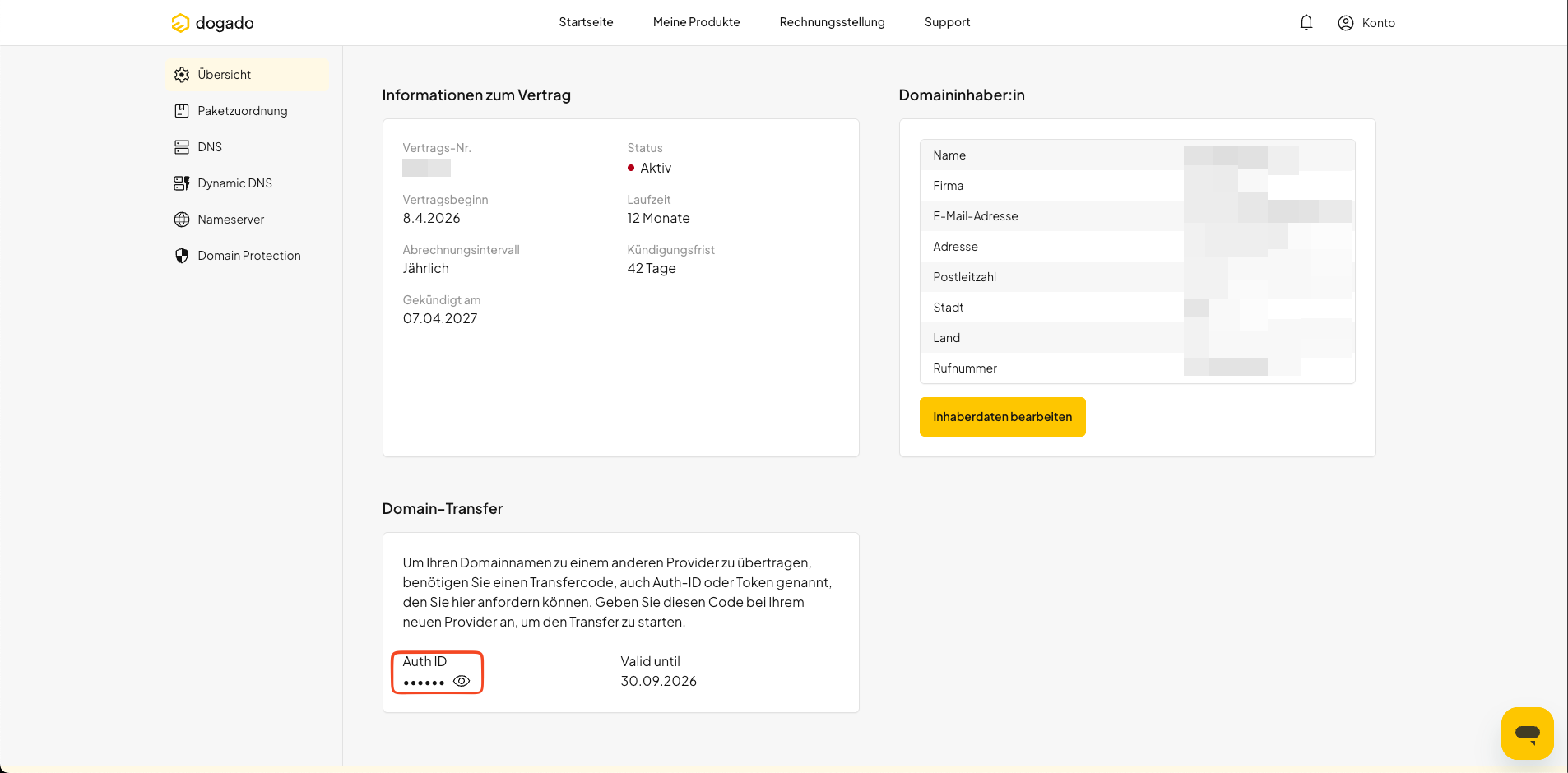 AuthCode einer Domain im Bereich Domain Transfer in oneHome anzeigen