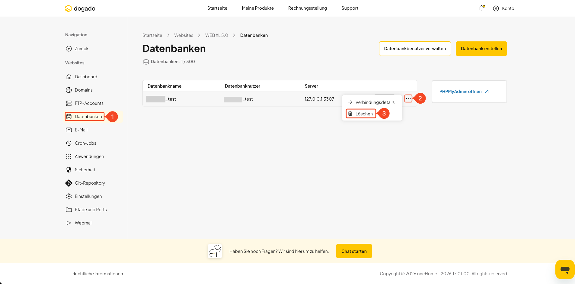 Datenbank in oneHome zum Löschen auswählen