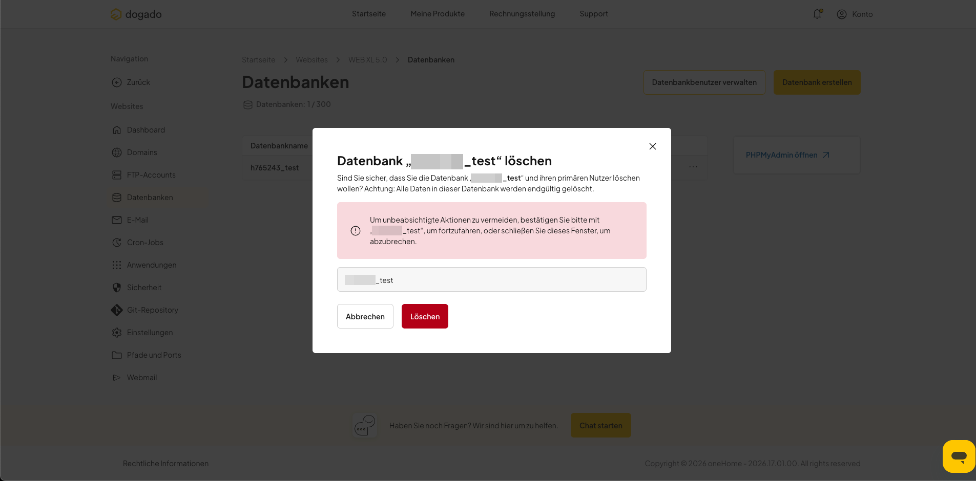 Löschen einer Datenbank in oneHome bestätigen