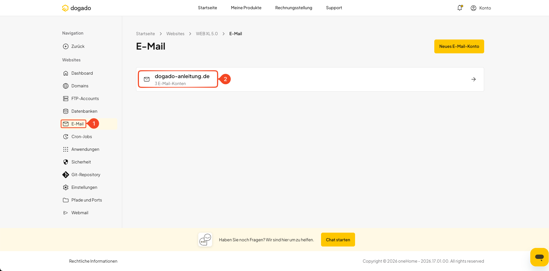 Domain im Bereich E-Mail in oneHome auswählen