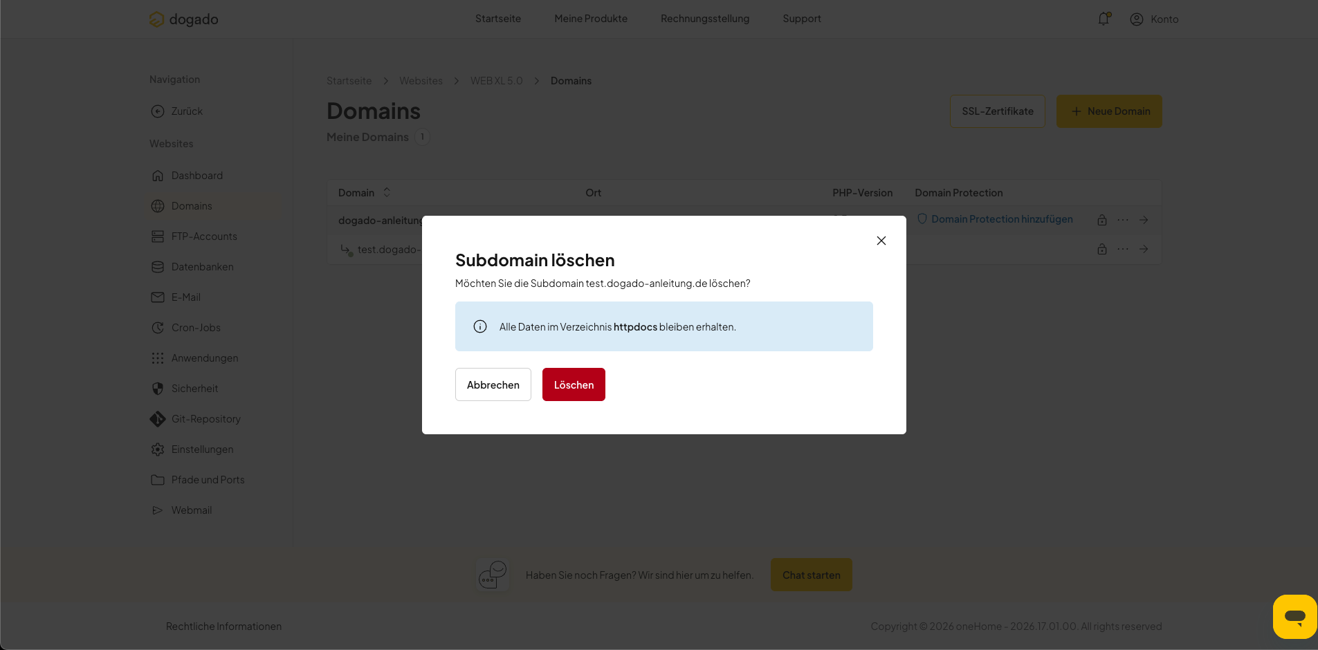 Löschen einer Subdomain in oneHome bestätigen