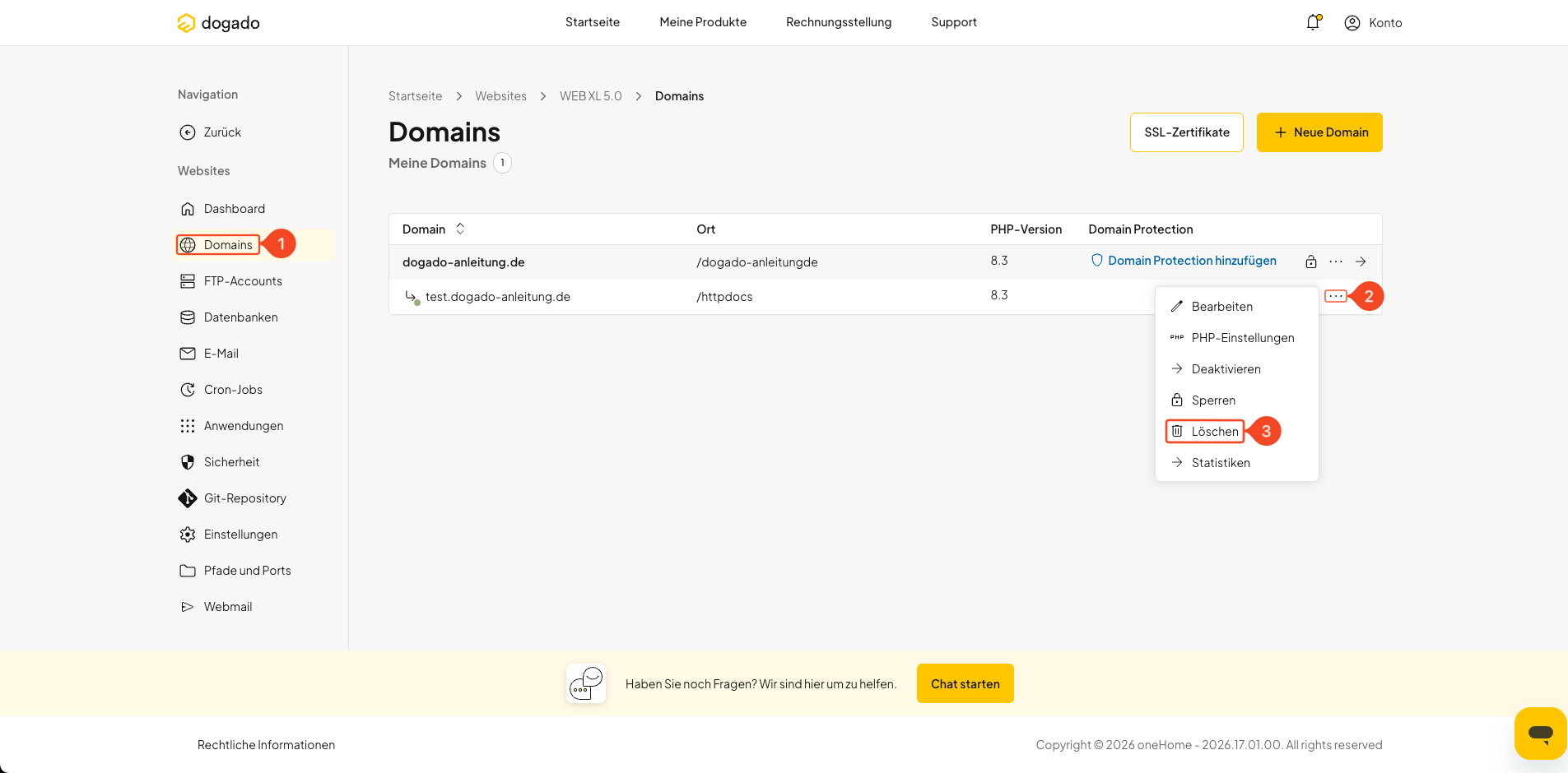 Subdomain in oneHome zum Löschen auswählen
