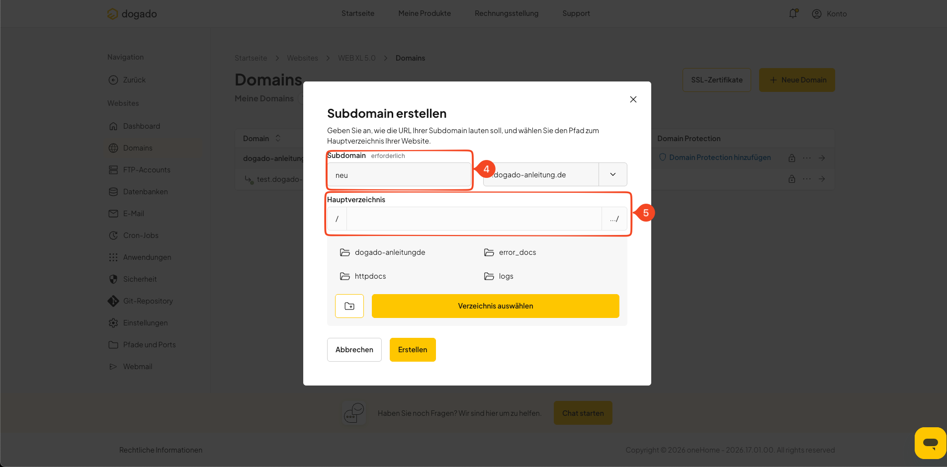 Namen, Hauptdomain und Hauptverzeichnis für eine Subdomain festlegen