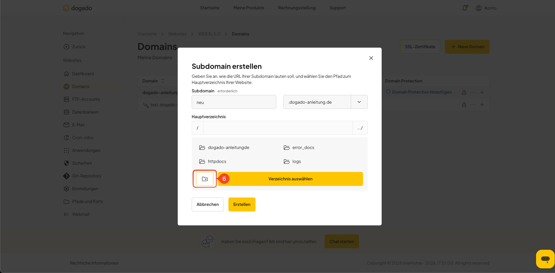 Verzeichnis für eine Subdomain auswählen oder neu erstellen