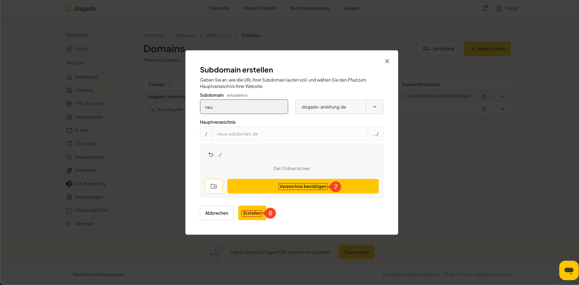 Erstellung einer Subdomain in oneHome abschließen
