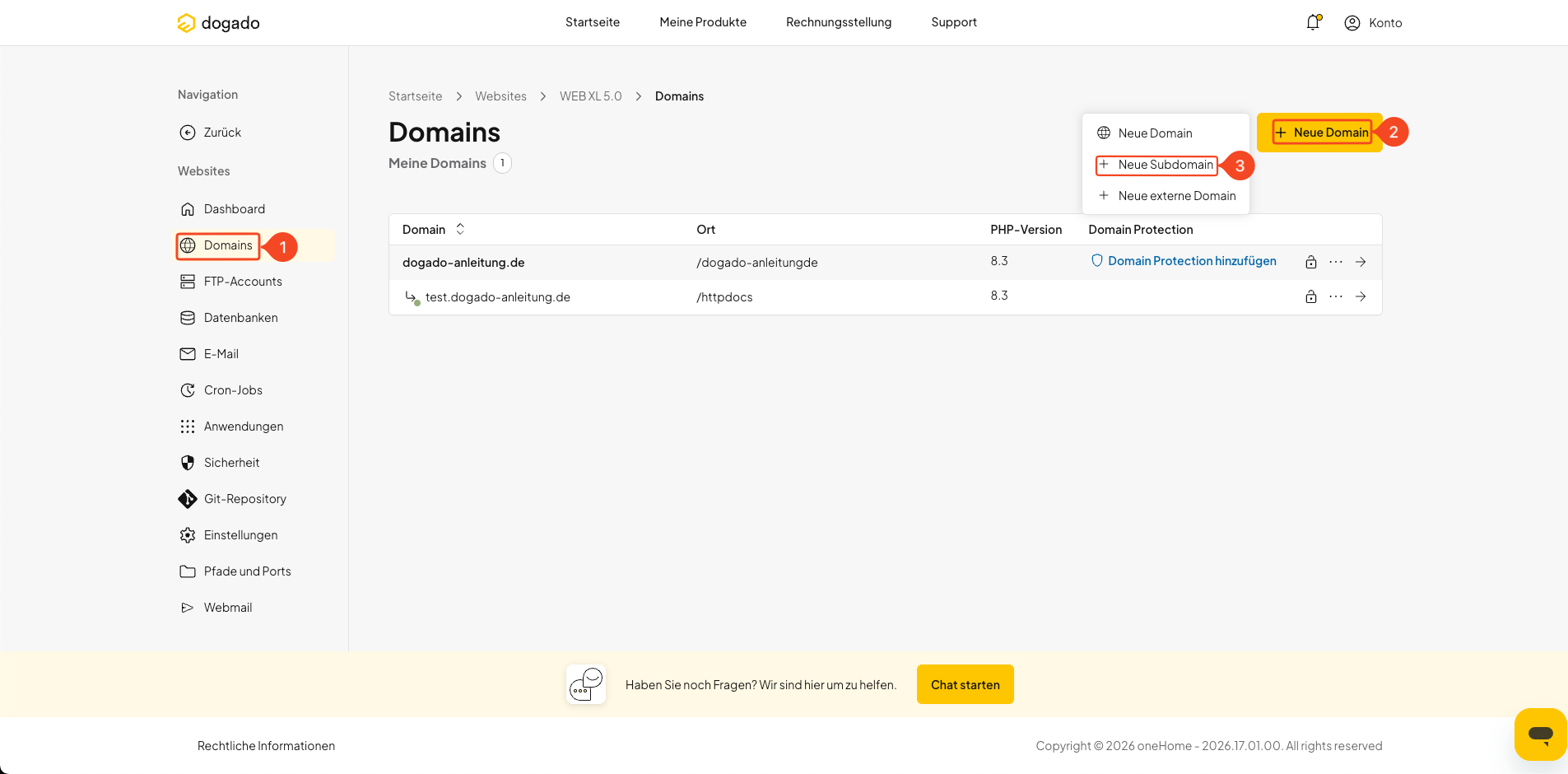 Neue Subdomain in oneHome anlegen