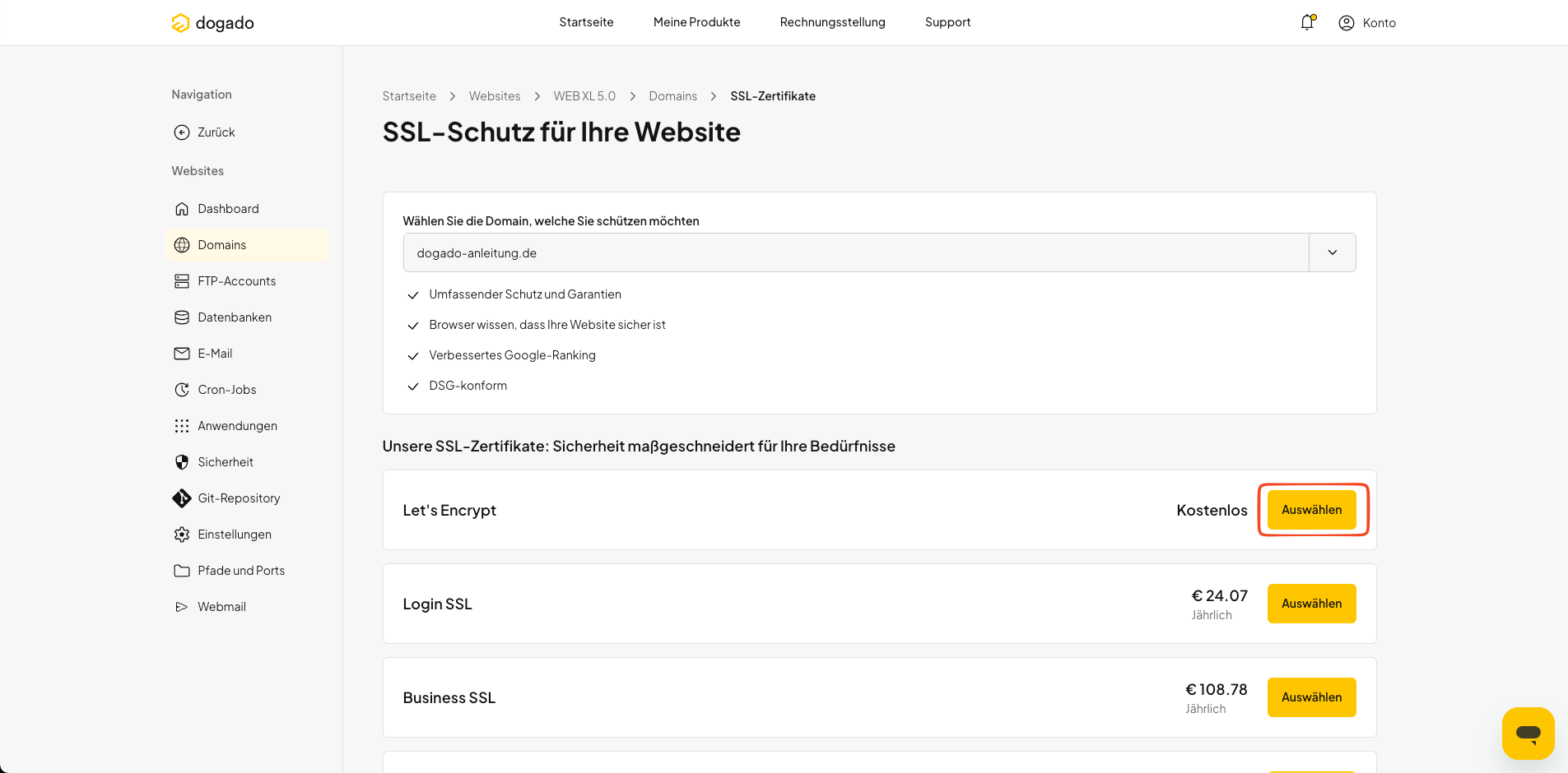 Kostenloses Let's Encrypt SSL-Zertifikat in oneHome auswählen