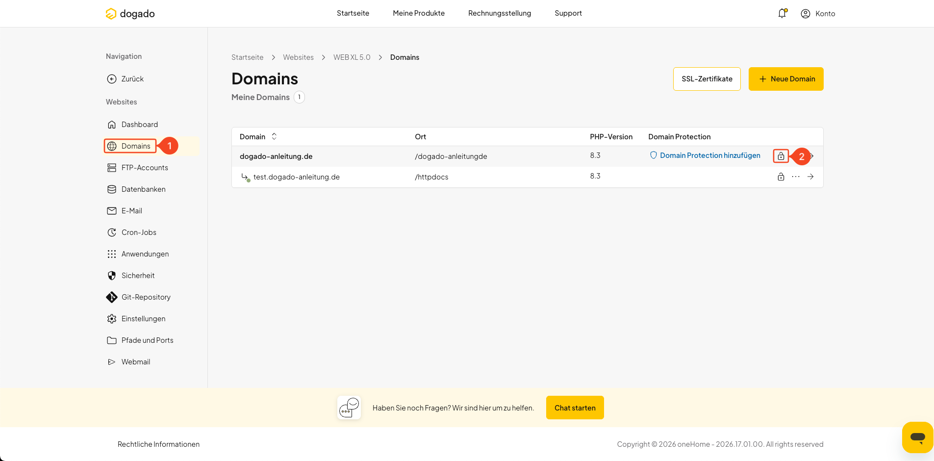 SSL-Zertifikat für eine Domain in oneHome öffnen