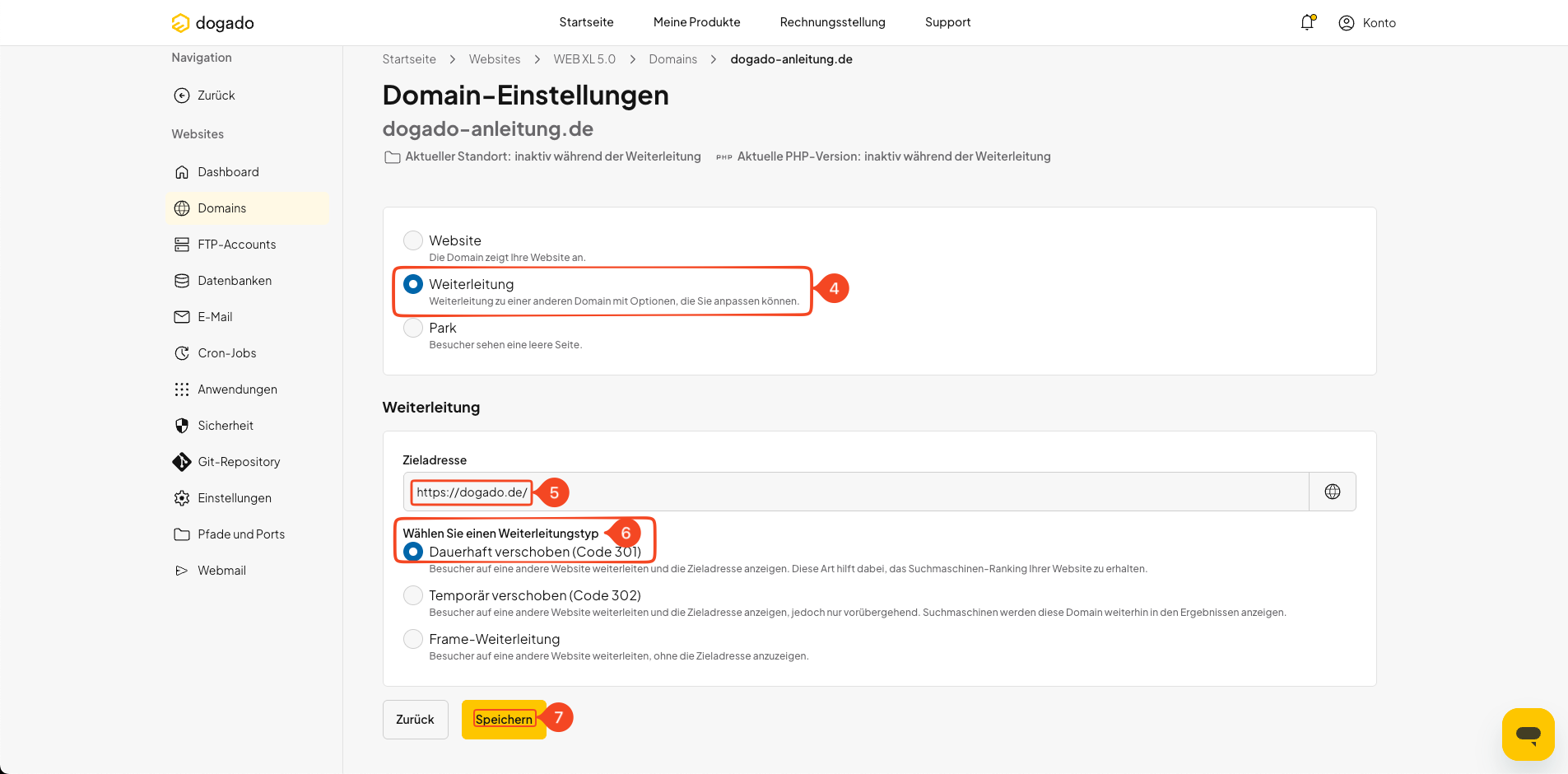 Domainweiterleitung in oneHome konfigurieren und speichern