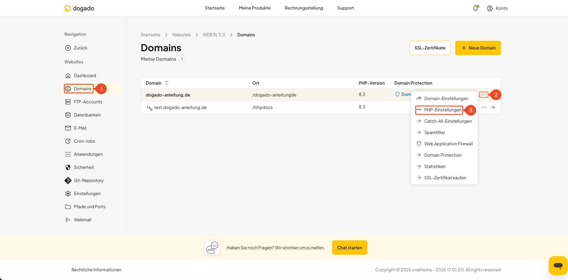PHP-Einstellungen einer Domain in oneHome öffnen