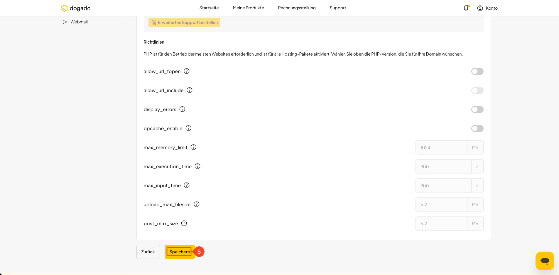 PHP-Version und PHP-Einstellungen in oneHome ändern und speichern