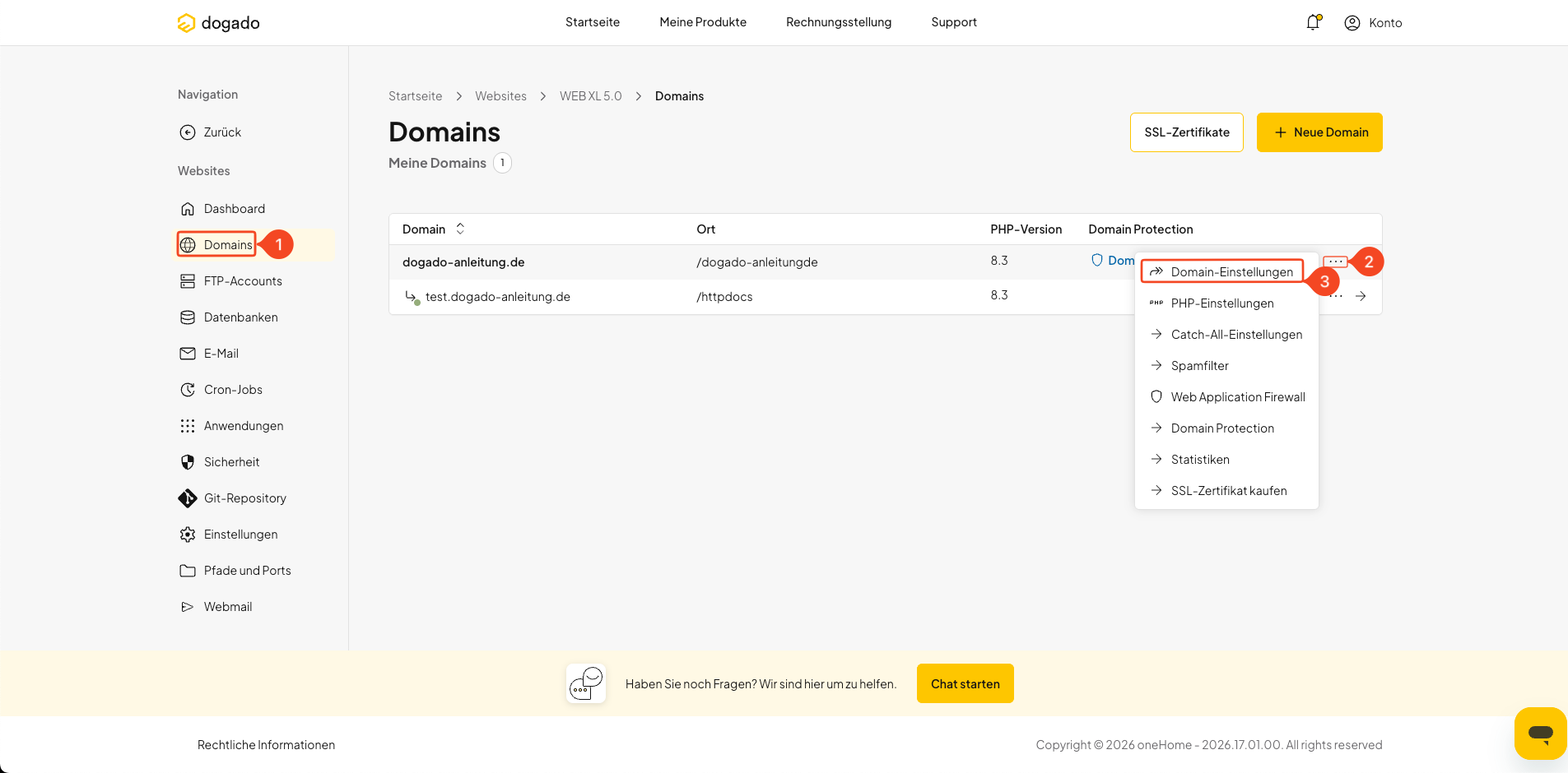 Domain-Einstellungen in oneHome öffnen