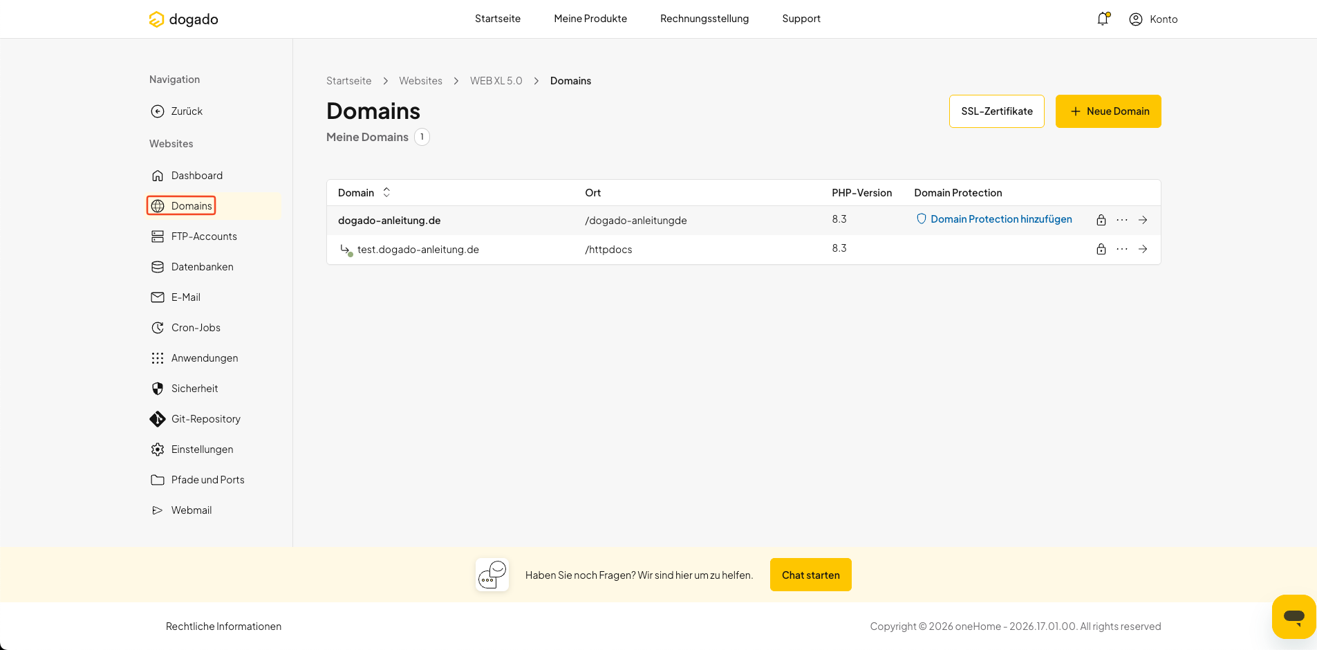 Domain-Übersicht in oneHome öffnen